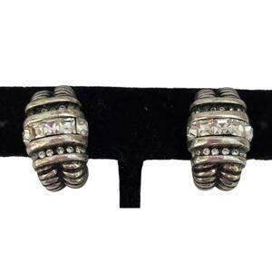 Silver Tone Renaissance Revival Half Hoop Clip On Crystal Earrings High End